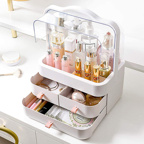 Makeup Organizer With Dustproof Lid White_Clear-2