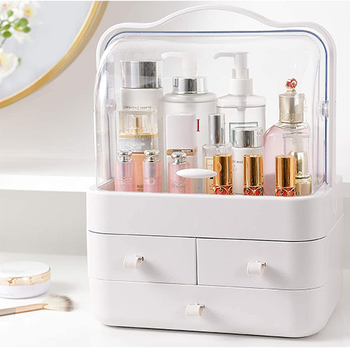 Makeup Organizer With Dustproof Lid White_Clear-6