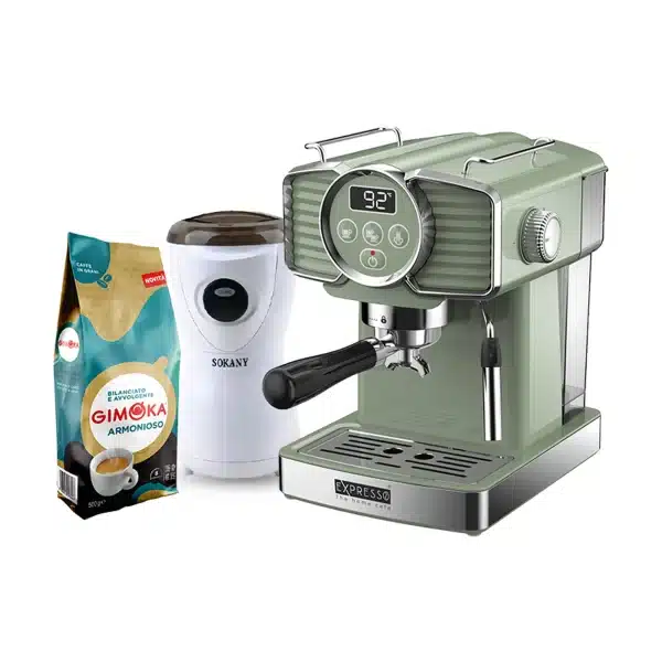 EXPRESSO Art Espresso Coffee Machine EM3203A - 20 Bar, Digital Display, Steam Wand, 1.8L Water Tank, German Quality, 220-240V, Home Café (Green) with Gimoka Armonioso Whole Coffee Beans & Sokany Coffee Grinder - Combo